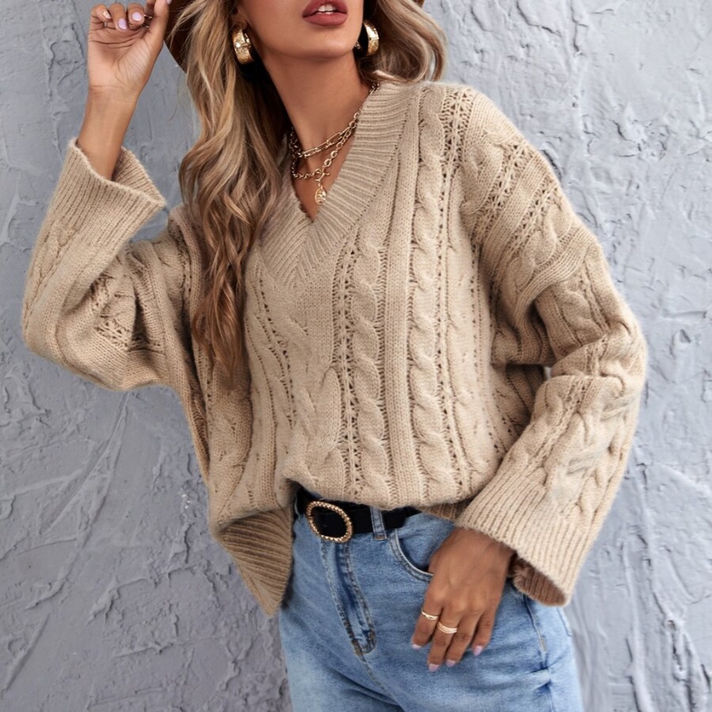 V neck Chunky Knit Cable Oversized Sweater Khaki - Picture 3 of 14